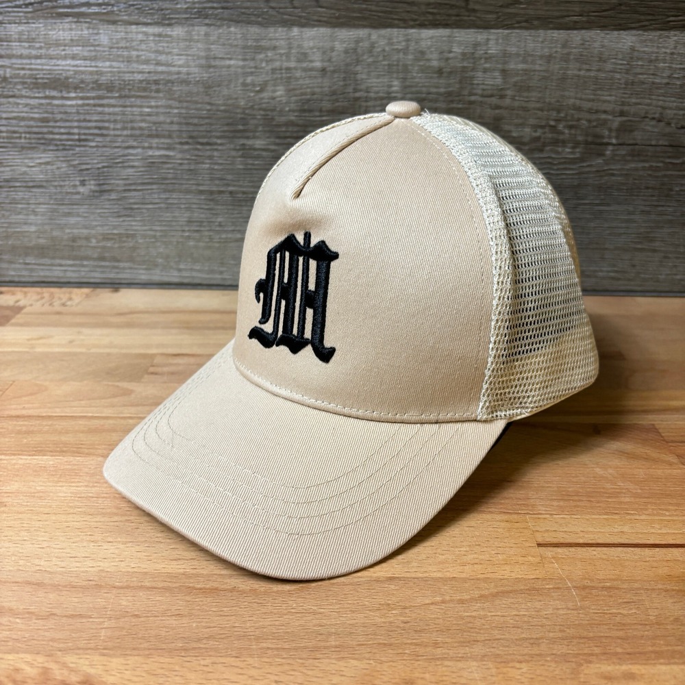 M Hat Cap Snapback Brown Tan Trucker Gothic Logo Casual‎
